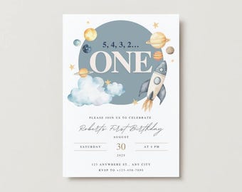 Editable Space First Birthday Invitation | Rocket Ship Outer Space 1st Birthday Party Invite | Canva Template