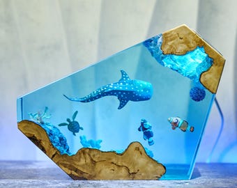 Whale Shark Resin Lamp: Ocean Diorama Night Light, Handmade Wood Art