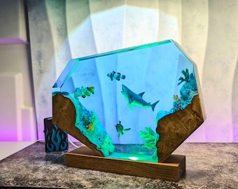 Ocean Resin Lamp, Shark, Turtle, Clownfish, Epoxy Wood Aquarium Light