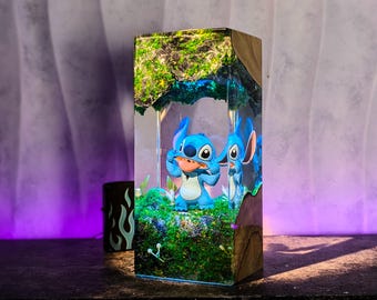 Stitch Resin Lamp Handmade Epoxy Wood Art Light, Cute Alien Night Lamp, Forest Diorama Lamp, Gift for Disney Fans