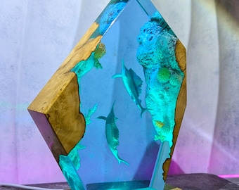 Handmade Swordfish Resin Lamp, Burl Wood Ocean Art Light