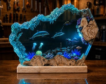 Ocean Resin Lamp, Dolphin, jellyfish, Clownfish, coral Epoxy Wood Aquarium Night Light