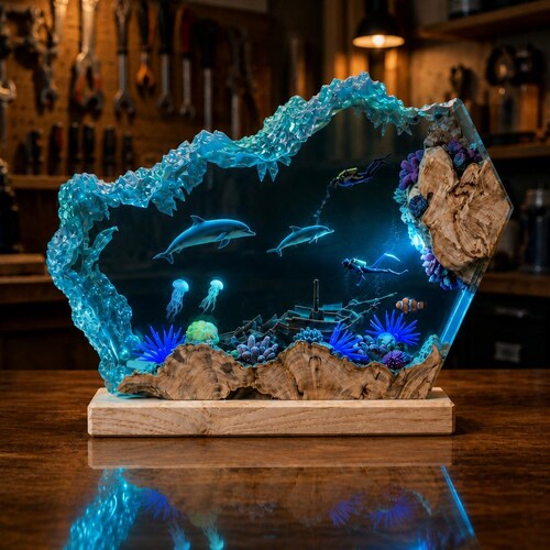 Ocean Resin Lamp, Dolphin, jellyfish, Clownfish, coral Epoxy Wood Aquarium Night Light