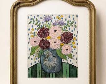 Original Floral Painting in Vintage Gold Frame, 8x10 Framed Botanical Art, Cottage Wall Decor, Eclectic Floral Artwork, One of a Kind Art