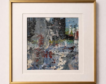 Original Abstract Acrylic Painting 4x4 – Textured Cityscape in Soft Gold 8x8 Double-Matted Frame-Fine Art