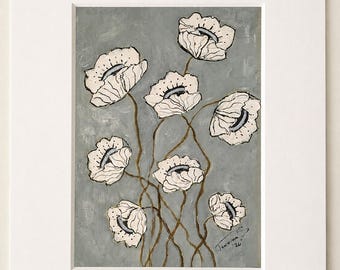 Original White Poppy Floral Painting, 5x7 Matted Botanical Art, Cottage Decor