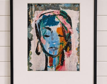 Original Mixed Media Acrylic Portrait Painting, 16x20 Framed Abstract Face Art