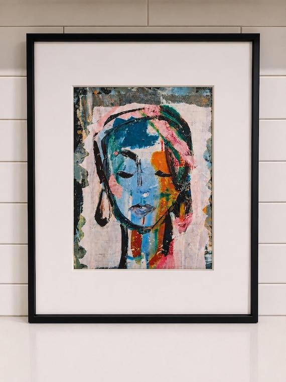 Original Mixed Media Acrylic Portrait Painting, 16x20 Framed Abstract Face Art