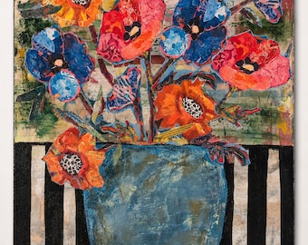 Original Mixed Media Blumengemälde, 16x20 Acryl Leinwand Kunst, Bunter Mohnblumenstrauß, Blaue Vase, Wandkunst, Eklektisches Dekor