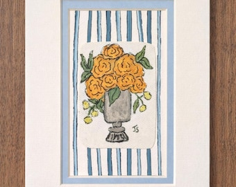 Hand Painted Floral Acrylic Art | 5x7 Botanical Sketch with Blue Stripe Mat