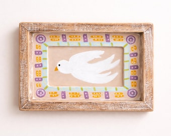Original Hand-Painted FolkArt Dove-  Mango Wood Frame – 5x7-| Boho Cottagecore Vintage-Style Artwork