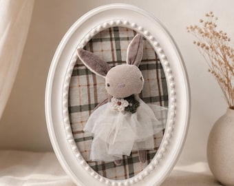 Framed Bunny Textile Art, Oval 5x7 Cottagecore Wall Decor, Whimsical Rabbit Art