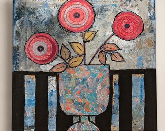 Eclectic Floral Mixed Media Painting, 12x12 Original Canvas Art, Bold Folk Flowers