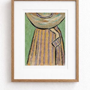 May include: An abstract painting of a person wearing a hat and dress. The hat is tan with a purple band. The dress is striped with orange and purple vertical lines. The background is green.