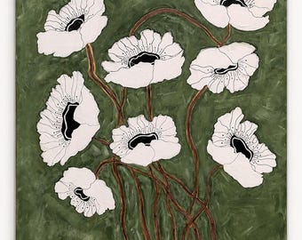 Original White Poppy Painting on Green | 24x30 Hand-Painted Acrylic Floral Art | Deep Edge Canvas Wall Decor