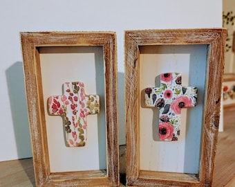 Handmade Ceramic Floral Cross-Rustic Wooden Frame - Christian Art