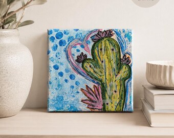 4x4 Whimsical Cactus Painting, Colorful Desert Boho Canvas Art