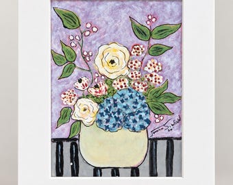 Original Floral Painting 5x7 Matted Art | Colorful Cottagecore Flower Bouquet | Whimsical Botanical Wall Art |