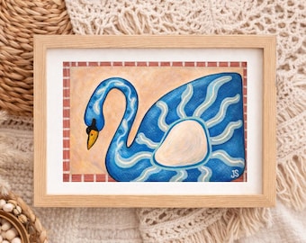 Whimsical Blue Swan Art Print |Original Folk Art Painting