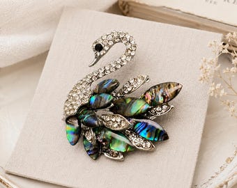 Vintage Swan Brooch with Rhinestones & Iridescent Shell | Elegant Silver Swan Pin | Statement Bird Jewelry