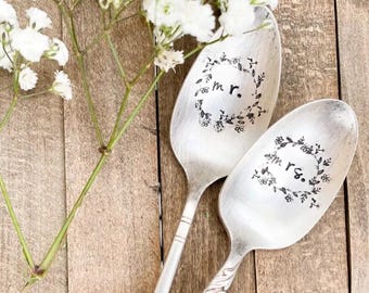 Vintage Silver Hand stamped “Mr. & Mrs.” Spoon Set