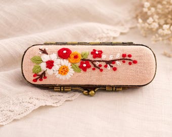 Hand Embroidered Lipstick Case | Vintage Brass Holder with Red Velvet Lining- pale blush