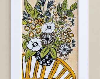 Original Floral Painting 4x6, Hand Painted Botanical Art, Colorful Flower Artwork, Matted Small Original Art, Cottage Wall Decor