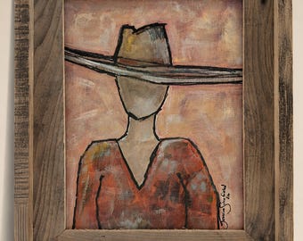 Original minimalist Western Acrylic Painting, Rustic Western Folk Art Portrait, Reclaimed Wood Frame