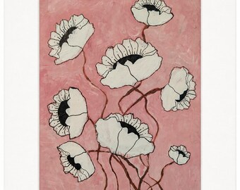 Original Poppy Painting – White Flowers, Pink Background, 8x10 Floral Art