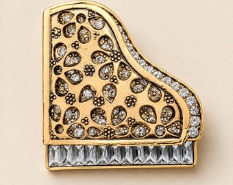 Gold Grand Piano Brooch | Crystal Rhinestone Music Lover Pin