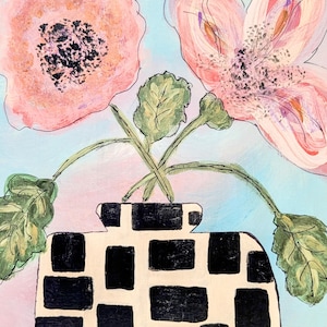 May include: An abstract painting of pink flowers with green leaves in a black and white checkered vase. The background is a gradient of light blue and pink. The artwork has a whimsical, artistic style.