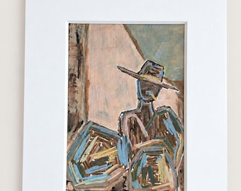 Original Figurative Painting 5x7 | Matted Original Art | Abstract Western Figure Painting | Rustic Cowboy Wall Art | One of a Kind Artwork