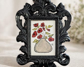 Original Hand-Sketched and painted Floral Mini Art in Ornate Black Frame