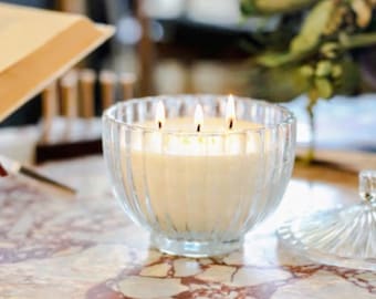 Vintage Ribbed Glass Candle with Lid | 3 Wick Sandalwood Soy Candle, Reusable Apothecary Jar
