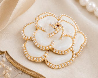 Camellia Enamel Brooch | Ivory Flower Pin, Gold Tone, Faux Pearl Accents