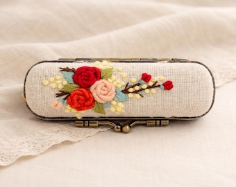 Hand Embroidered Lipstick Case | Vintage Brass Holder with Red Velvet Lining