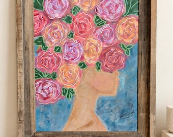 Original Floral Woman Painting, Framed Acrylic Art- 12x16 Rustic Wood Frame-Colorful Flower Portrait