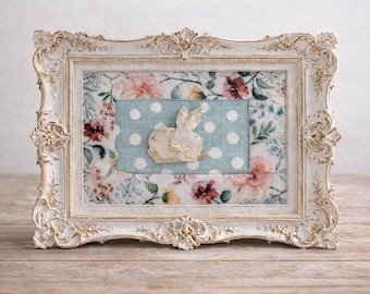 Ornate 5x7 Framed Bunny Brooch Art – Cottagecore Wall Décor, Vintage Floral Frame