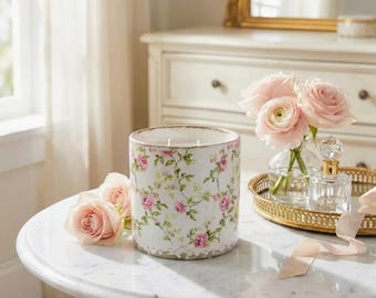 14oz Distressed Ceramic Rose Candle- vintage inspired - reusable vessel - Hand poured