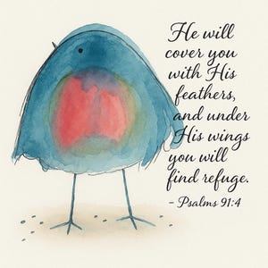 May include: Watercolor illustration of a blue bird with a red chest. The bird has thin black legs and a small black eye. Text reads: "He will cover you with His feathers, and under His wings you will find refuge. - Psalms 91:4."