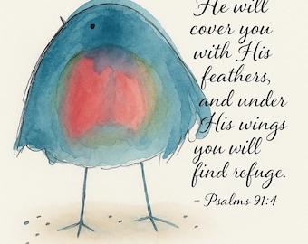 Original Watercolor Bird Print | Psalm 91:4 Scripture Art, Christian Home Decor