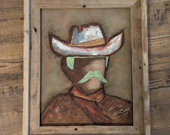 Original Cowboy Acrylic Painting, Rustic Western Folk Art Portrait, Reclaimed Wood Frame
