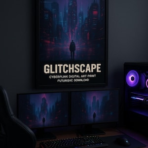 Glitchscape – Arte mural ciberpunk / Ciudad de neón futurista - Descarga digital