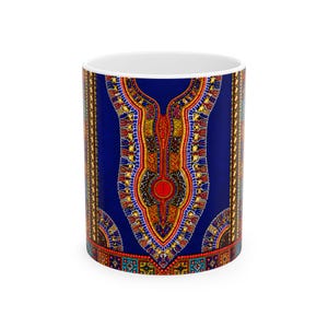 May include: A ceramic mug featuring a vibrant blue background with a central, symmetrical dashiki-inspired pattern. The design incorporates intricate geometric shapes and dots in shades of yellow, red, orange, and white, creating a detailed border.