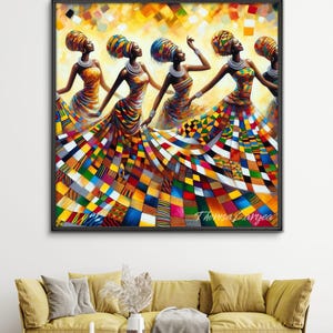 Puede incluir: Una obra de arte enmarcada representa a cinco mujeres bailando, vestidas con vestidos y pañuelos coloridos. Los vestidos presentan un diseño de patchwork en tonos vibrantes de rojo, amarillo, azul y verde. El fondo es una mezcla abstracta de colores cálidos.