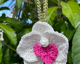 Raffia crochet bag charm: bag accessory orchid flower