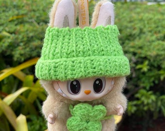 Labubu Outfit: Handmade Crochet Beanie and Clover Charm glowing in the dark