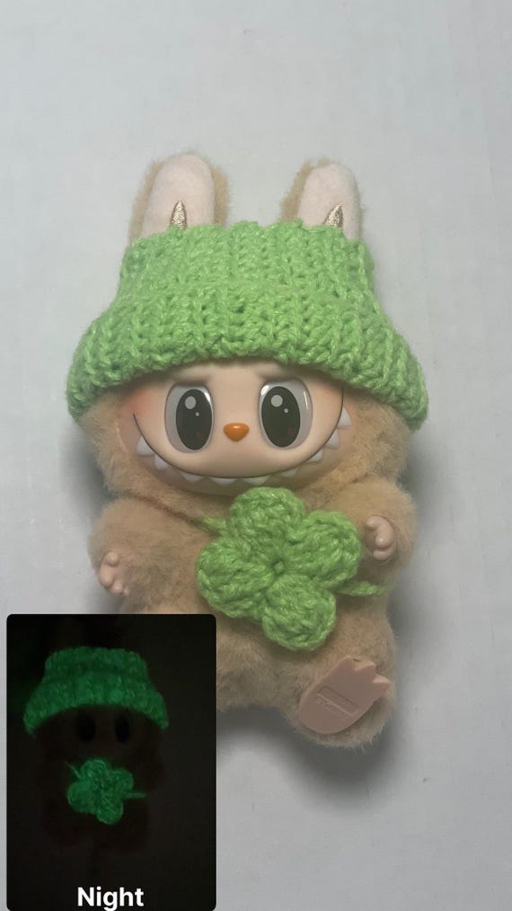Labubu Outfit: Handmade Crochet Beanie and Clover Charm glowing in the dark