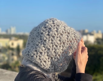 Gray wool hood knitted, balaclava for woman, fluffy knit hood