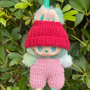 Crochet pink jumpsuit : pink and red Labubu doll outfit for 17 cm Labubu Jumpsuit & red hat